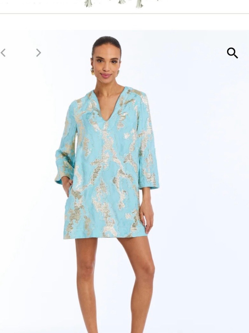 Aqua V-Neck Mini Dress with Gold Metallic Pattern